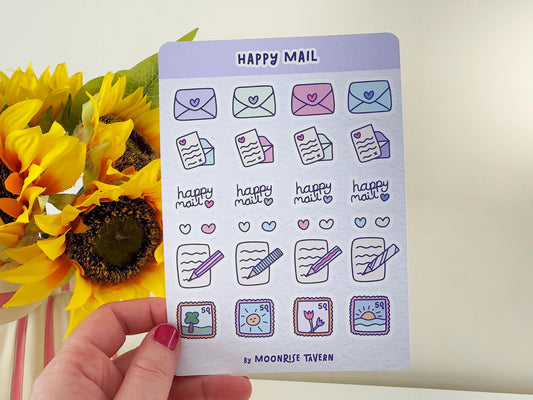 Happy mail sticker sheet - Cute journal stickers, matte stickers, aesthetic art stickers, kawaii aesthetic, mail themed stickers