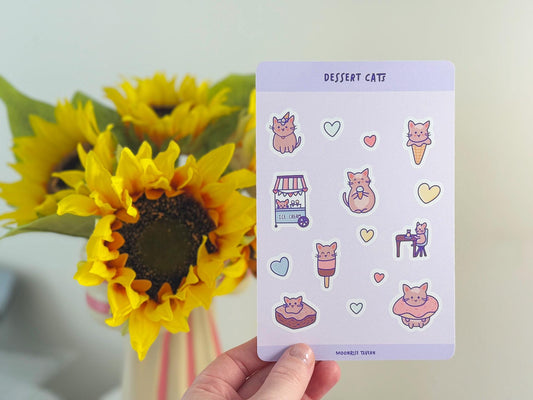 Dessert cats sticker sheet - Cute kawaii journal stickers, matte stickers, aesthetic art stickers, kawaii aesthetic, pastel cat stickers
