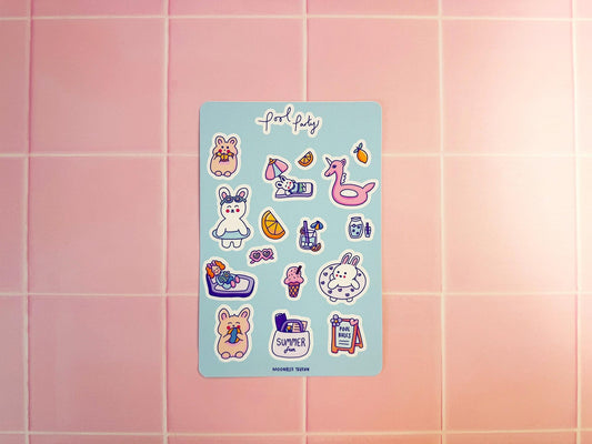 Pool party sticker sheet - Cute kawaii journal stickers, matte stickers, summer stickers, kawaii cuteness stickers