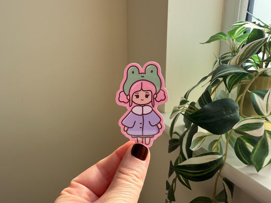 Kawaii girl with frog hat sticker